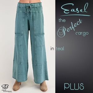EASEL "Perfect Cargo" Terry Knit Mineral Washed Flared Leg Pants Raw Hem & Seams